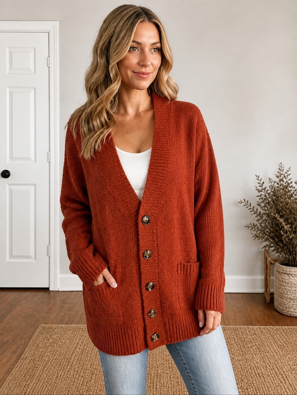Staccato Womens Boyfriend V-neck Button Front Cardigan Burnt Orange Size Large